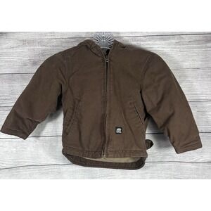 BERNE Boys 3T Brown Canvas Quilted Full Zip Hooded Bomber Jacket Warm